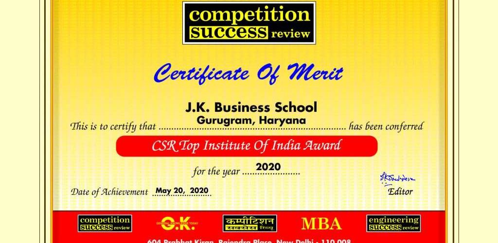 JK Business School has been conferred “CSR Top Institute of India Award”