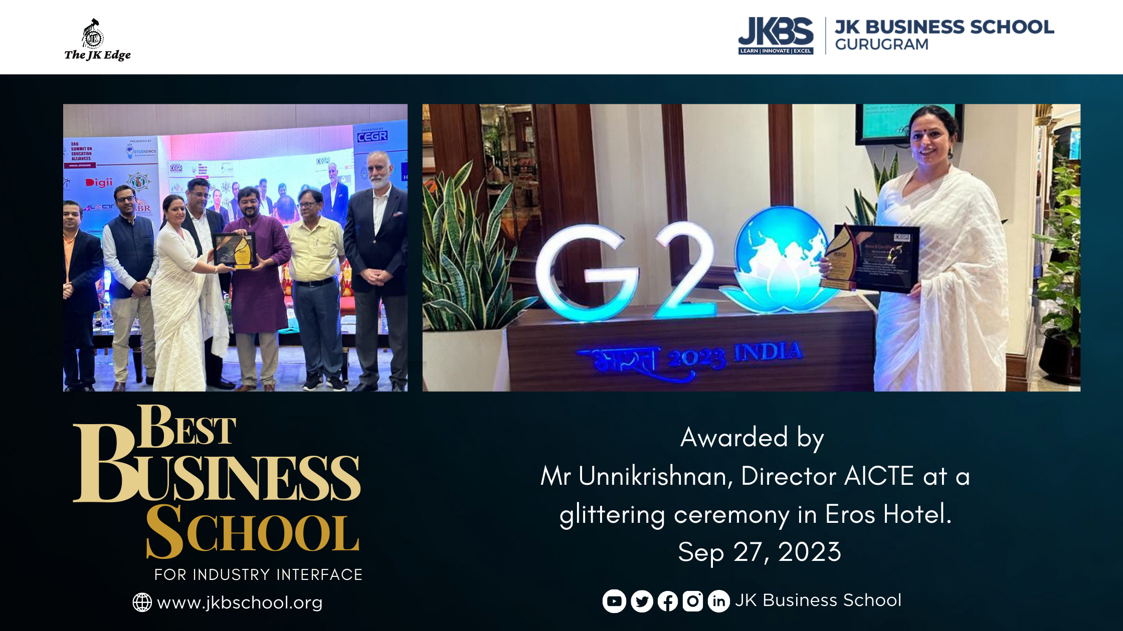 JK Business School Honored as “Best Business School for Industry Interface” in Haryana by CEGR