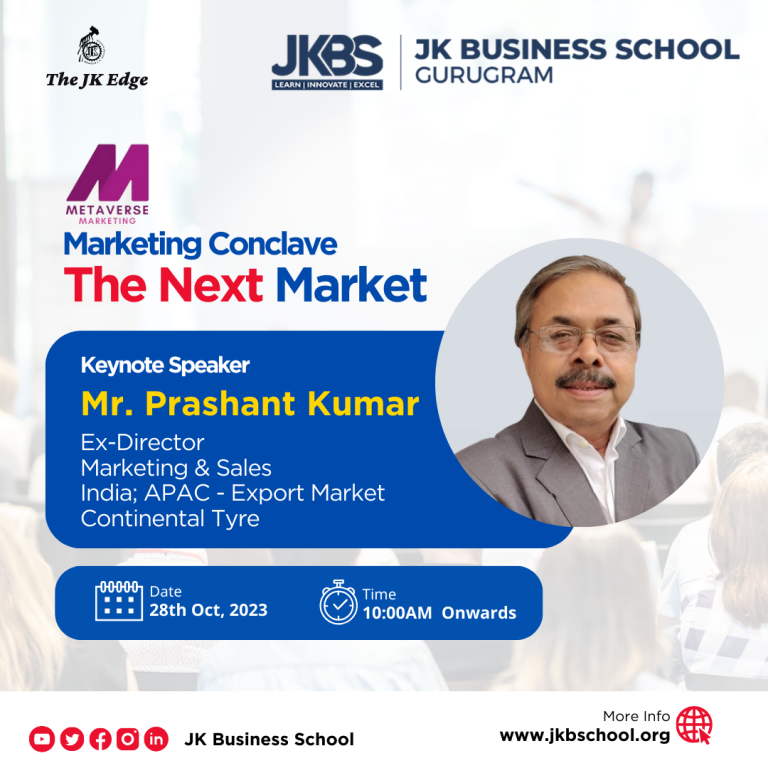 Promotional poster for JK Business School's Metaverse Marketing Conclave featuring keynote speaker Mr. Prashant Kumar, Ex-Director of Marketing & Sales at Continental Tyre, scheduled on 28th October 2023 at 10:00 AM.