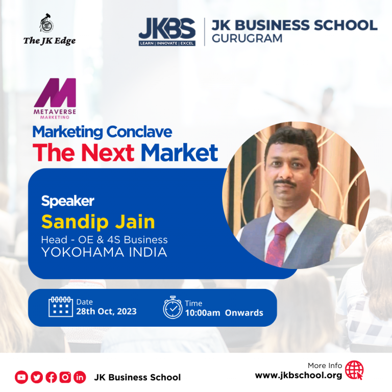 Promotional banner for JK Business School's Metaverse Marketing Conclave featuring speaker Mr. Sandip Jain, Head of OE & 4S Business at YOKOHAMA INDIA, scheduled for 28th October 2023 at 10:00 AM.