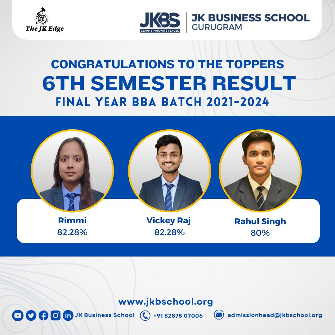 Celebrating Excellence: JK Business School’s 6th Semester Toppers of Final Year BBA Batch 2021-2024
